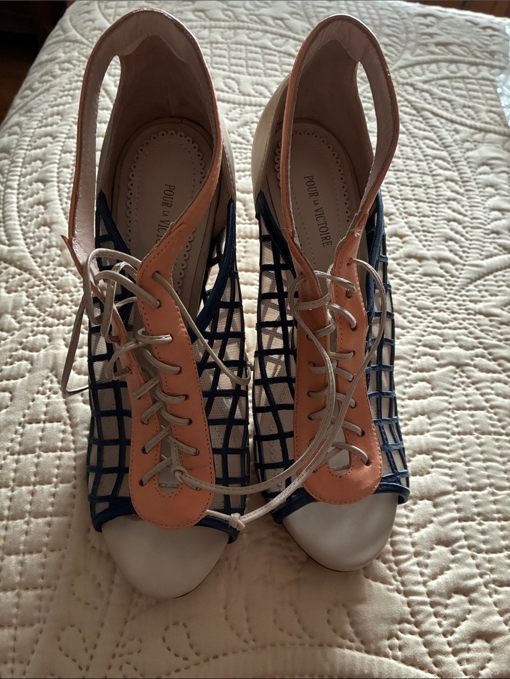 Pour La Victoire Navy, Peach & White Lace-Up Mesh Cage Sandals